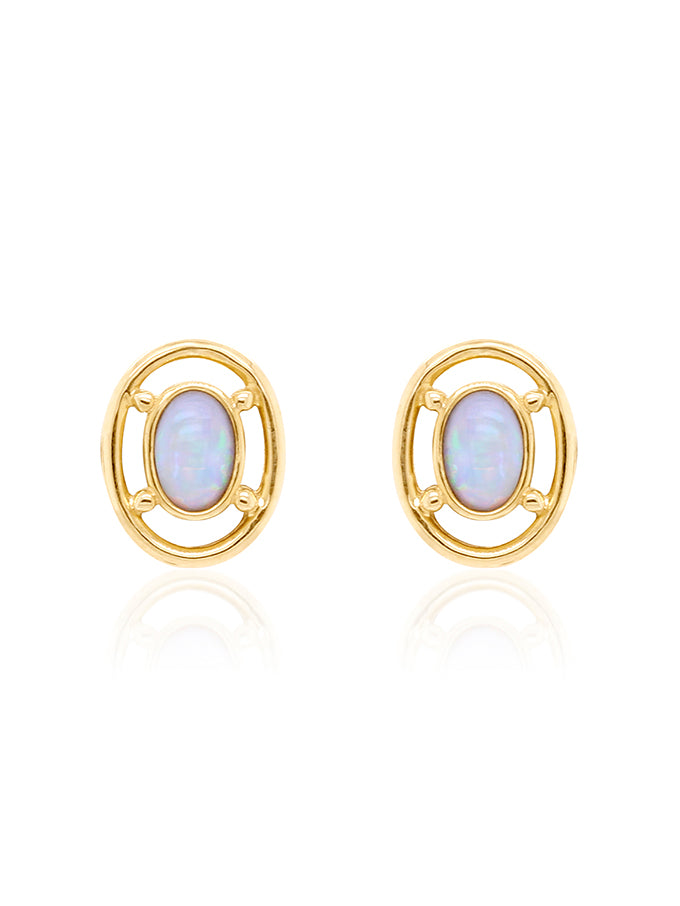 Solid Opal Oval Earrings in 9 Carat Yellow Gold