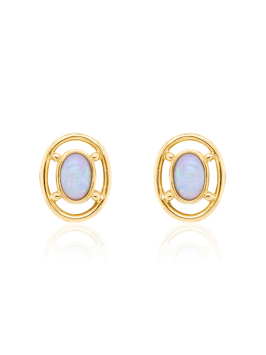 Solid Opal Oval Earrings, 9K Yellow Gold