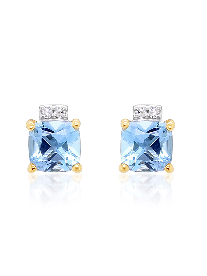 Blue Topaz & Diamond Stud Earrings in 9 Carat Yellow Gold