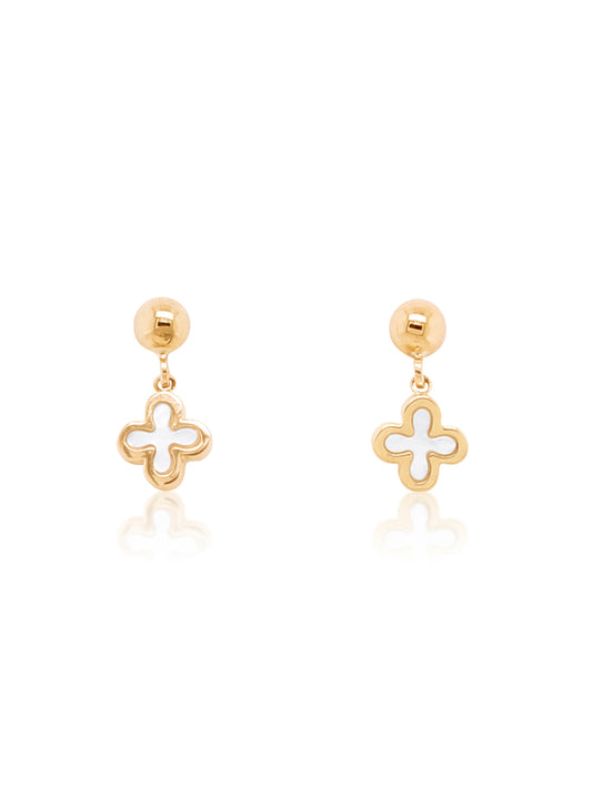 Mother Of Pearl Clover Drop Earrings in 9 Carat Yellow Gold