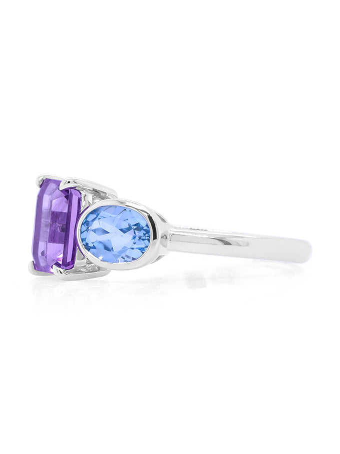 Emerald Cut Amethyst & Blue Topaz Dress Ring in 9 Carat White Gold