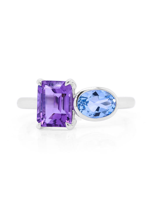 Emerald Cut Amethyst & Blue Topaz Dress Ring in 9 Carat White Gold