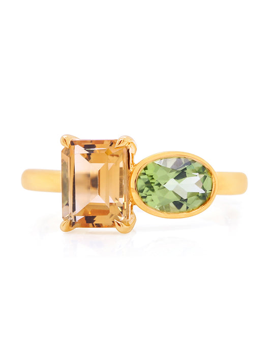 Emerald Cut Citrine & Oval Peridot Dress Ring in 9 Carat Yellow Gold