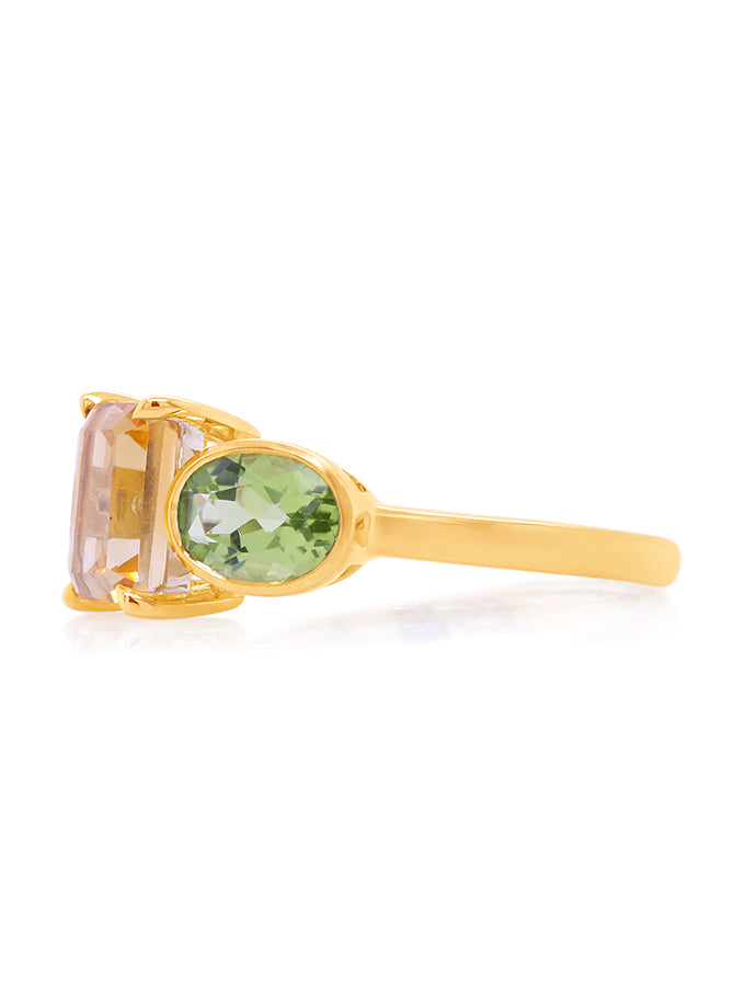 Emerald Cut Citrine & Oval Peridot Dress Ring in 9 Carat Yellow Gold