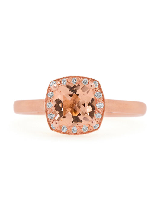 Rose 9ct gold Morganite & Diamond Halo Ring.halo.