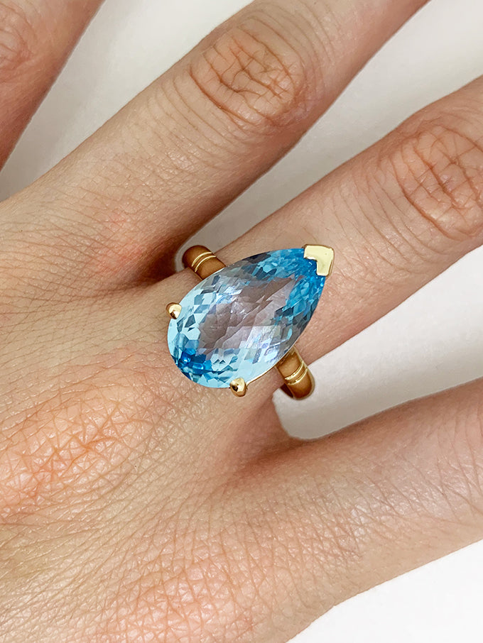 Pear Swiss Blue Topaz Ring, 9 Carat Yellow Gold