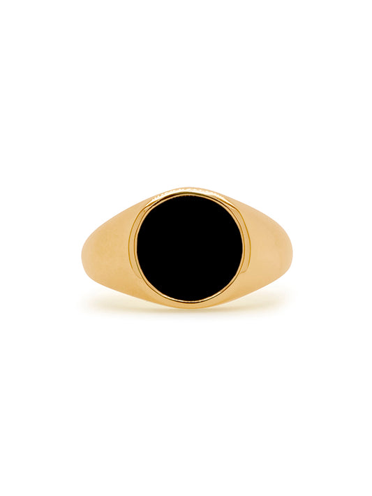 12mm Round Flat Black Onyx Set Mens Ring in 9 Carat Yellow Gold