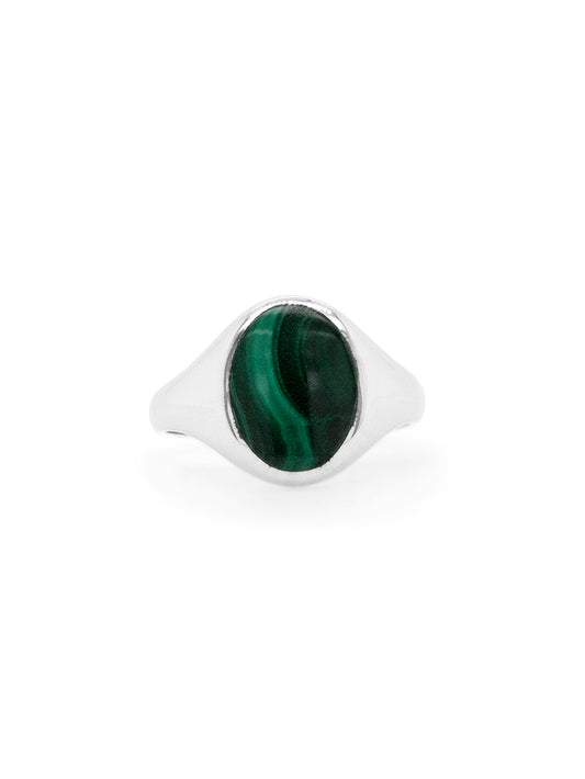 Malachite Oval Signet Ring, Silver, small size.