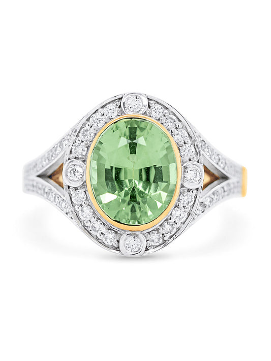 Georges Guillaume Ring, Mint Tourmaline & Diamond Set, 18K Yelow Gold.